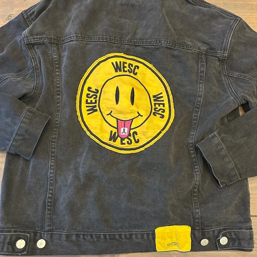 Conspiracy WESC Denim Jacket Unisex Black Smiley Face Trucker Mens m Women’s L - Picture 10 of 15